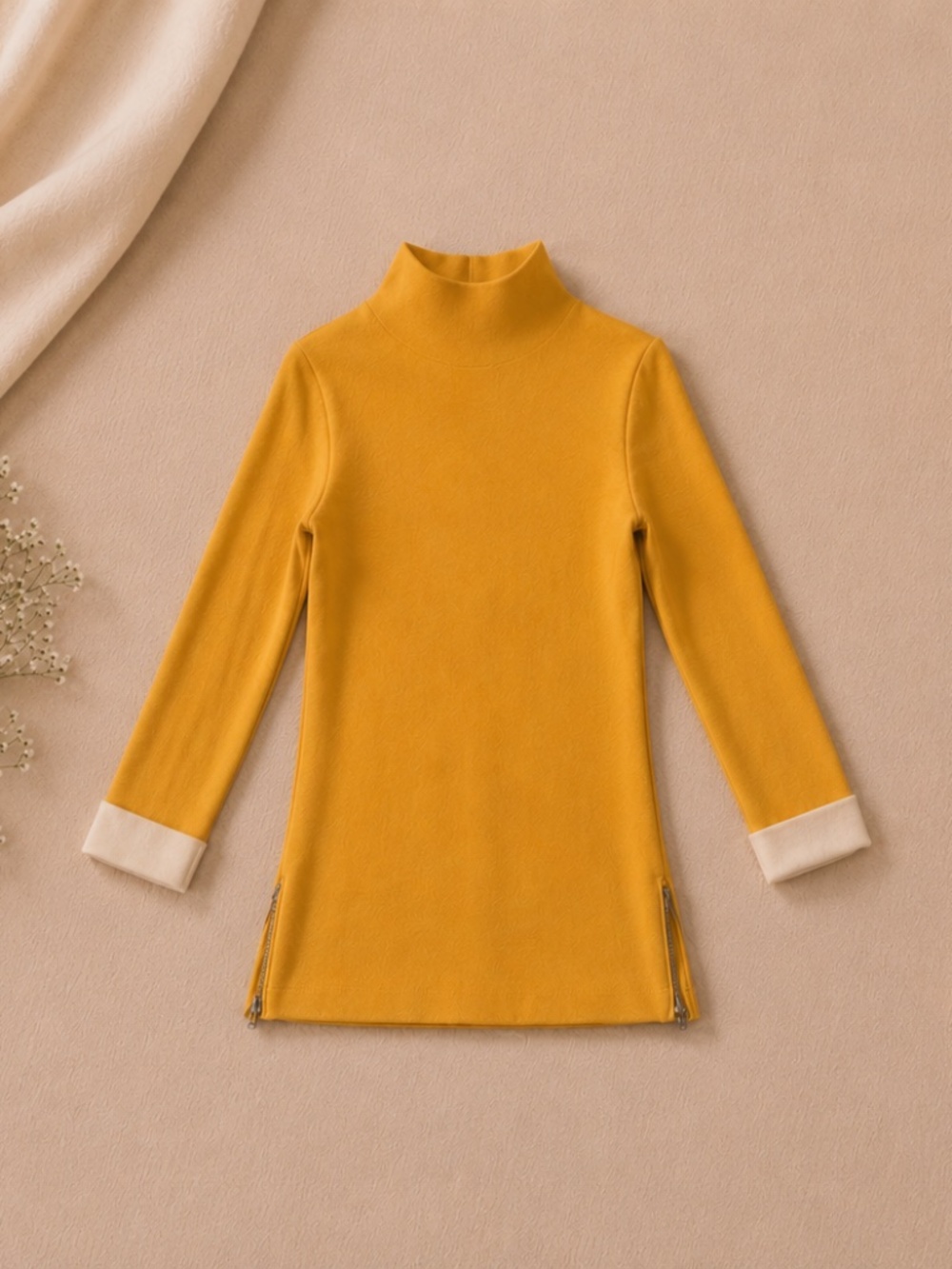 Tahari Mustard Yellow Minimalist Knit Tunic Sweater XS ✨ Side Zip Mock Neck
